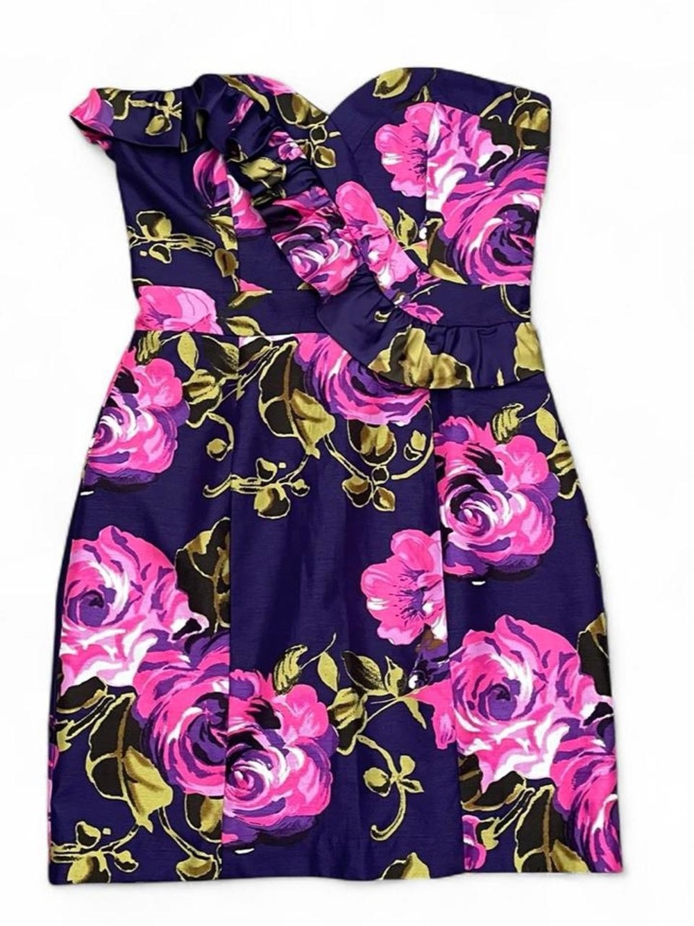 Strapless Purple Floral Ruffle Cocktail Dress with Pink Roses M
